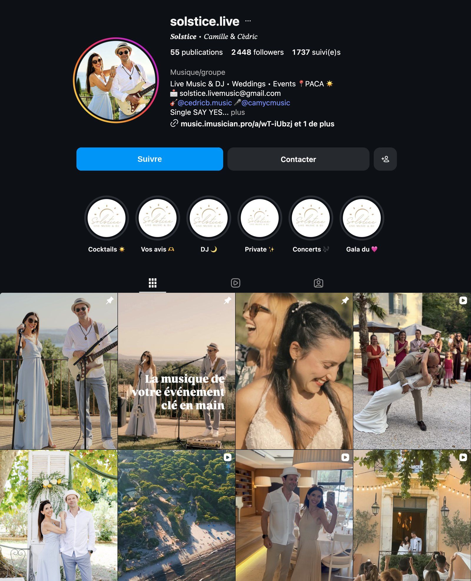 Profil Instagram de Solstice, Camille et Cédric, musique live et DJ pour mariages